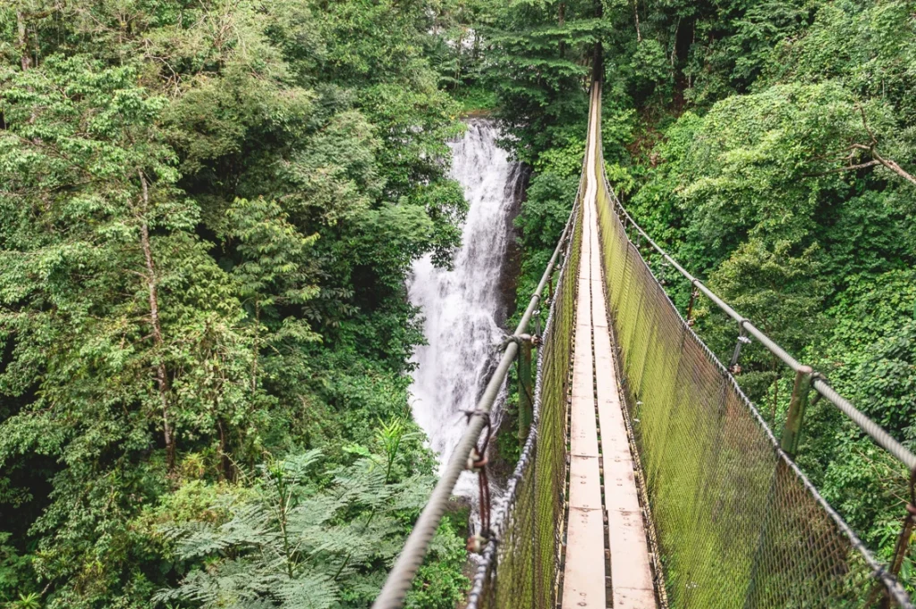 Hanging bridge with waterfall Costa Rica